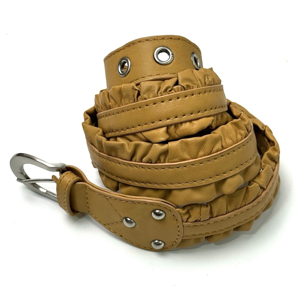 New Coldwater Creek Ruffle Leather Belt Women L Camel Western Boho Rodeo Waist